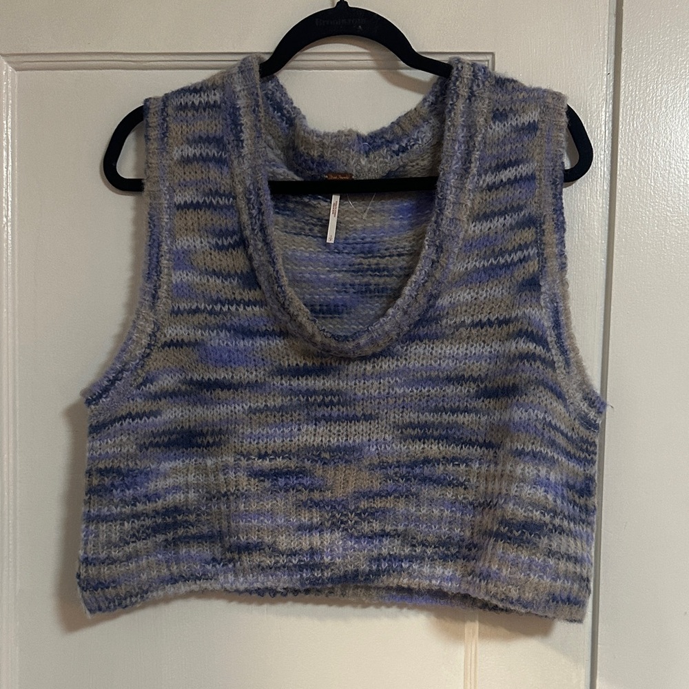 Free People Blue and Gray Knit Crop Sweater